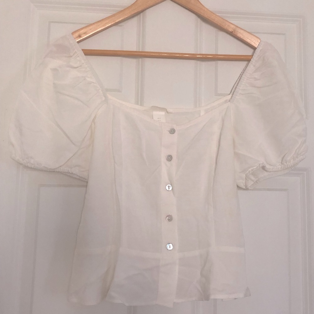 H&M White Puff Sleeve Peplum Linen Top - Size 6